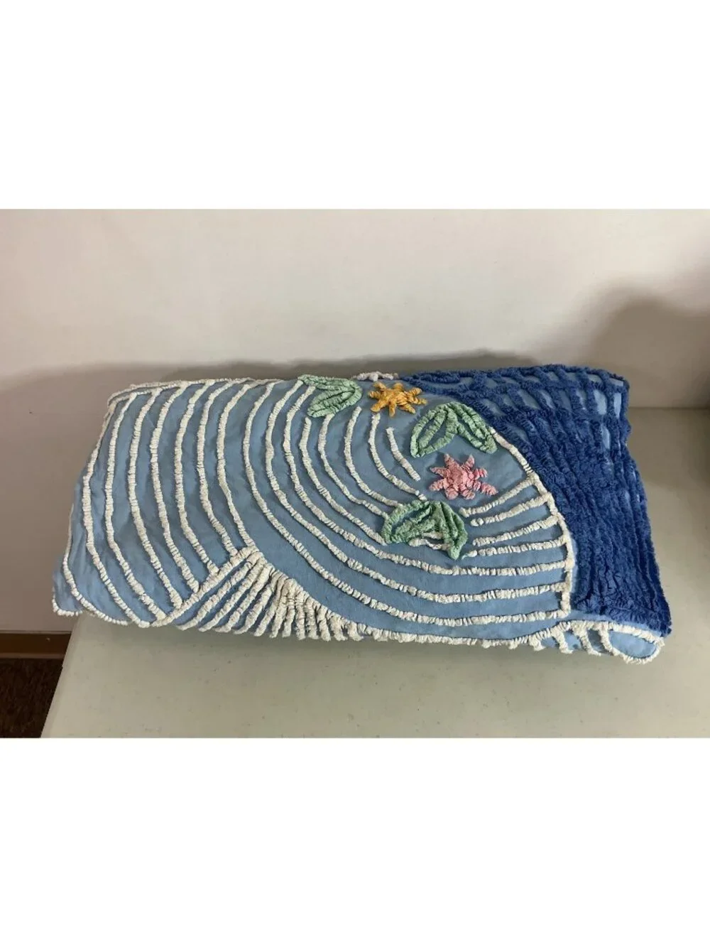 Vintage Chenille Flower Basket and Blue Ribbon Bedspread Full